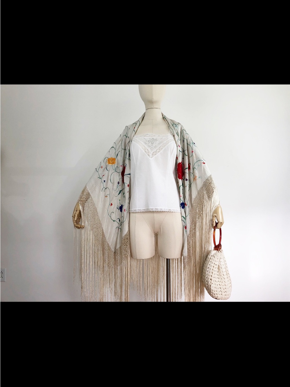 True Vintage Silk Embroidered Fringe XL Piano Shawl in Cream with Floral Accents